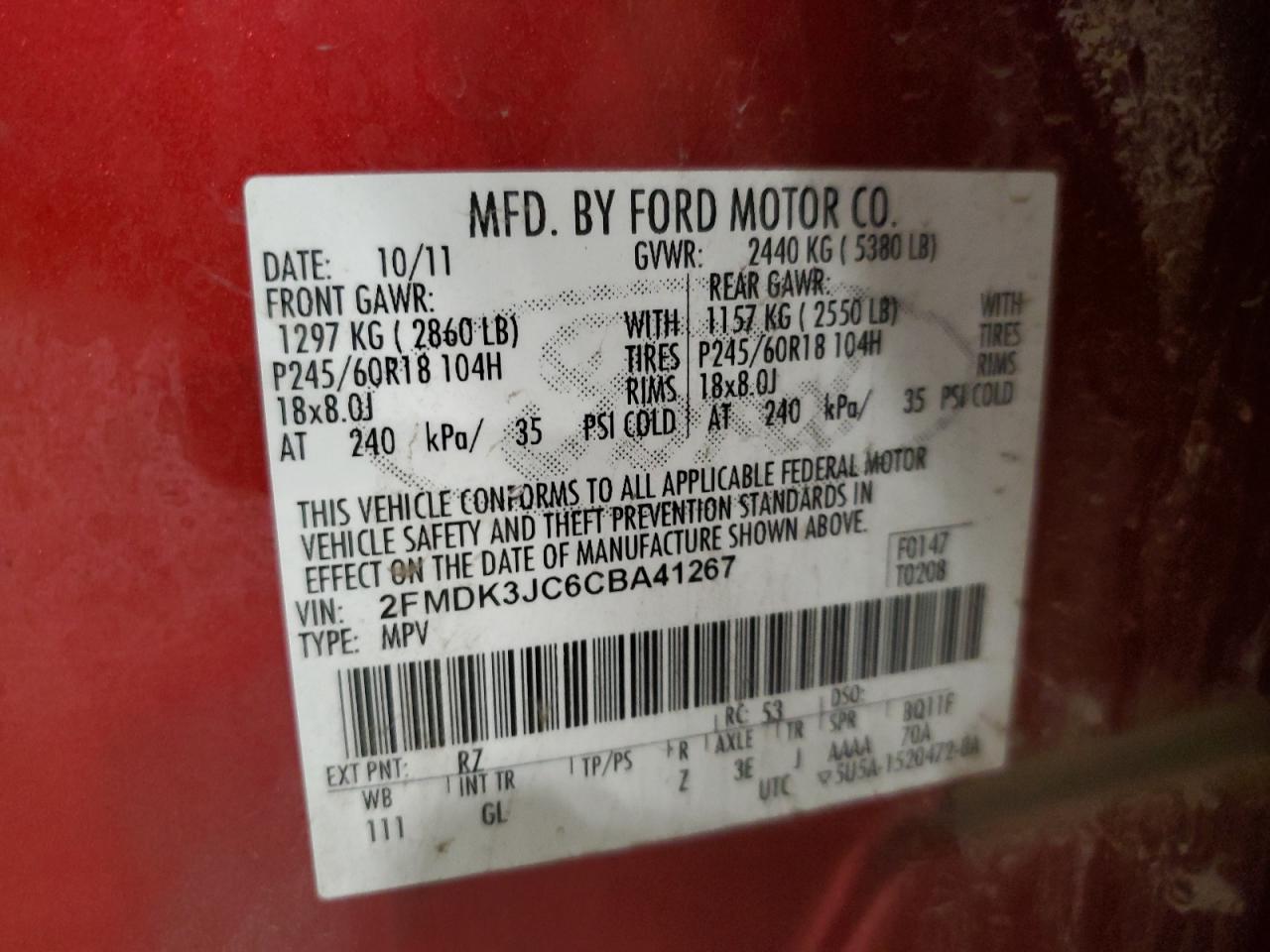 2012 Ford Edge VIN 2FMDK3JC6CBA41267 Copart auction photo, front end / hail damage thumbnail 13