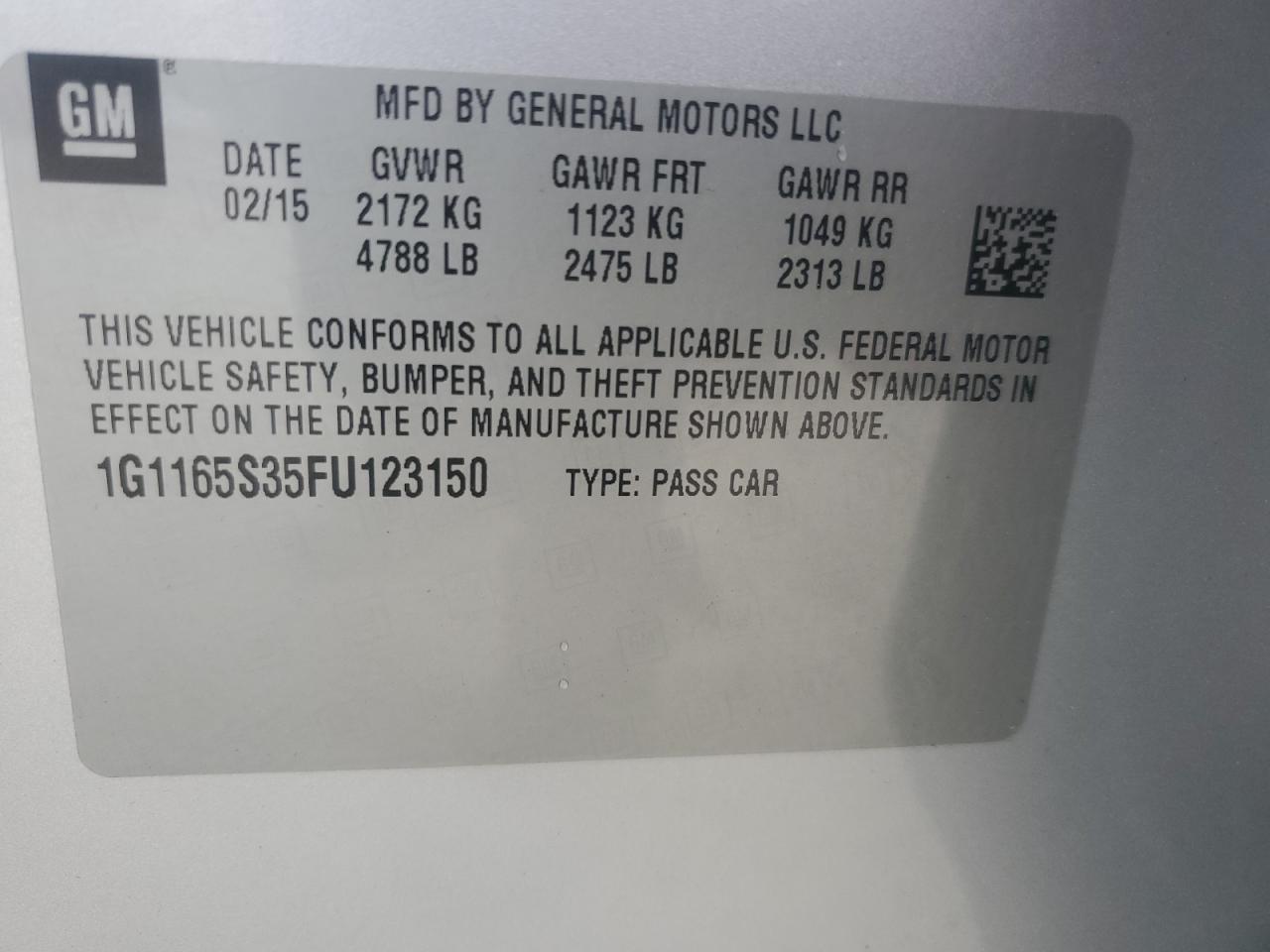 2015 Chevrolet Impala VIN 1G1165S35FU123150 Copart auction photo, front end damage thumbnail 12