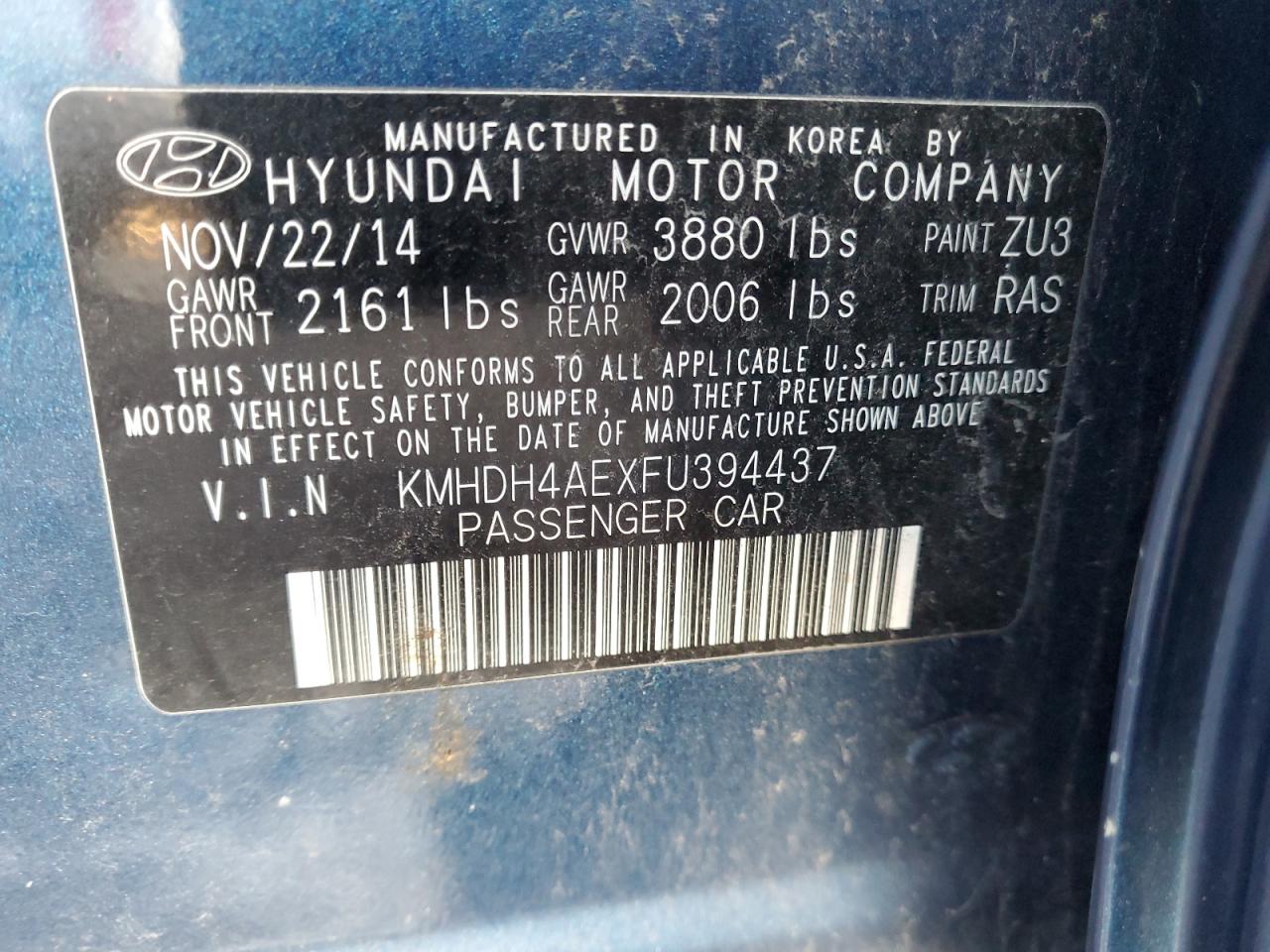 2015 Hyundai Elantra VIN KMHDH4AEXFU394437 Copart auction photo, front end damage thumbnail 12