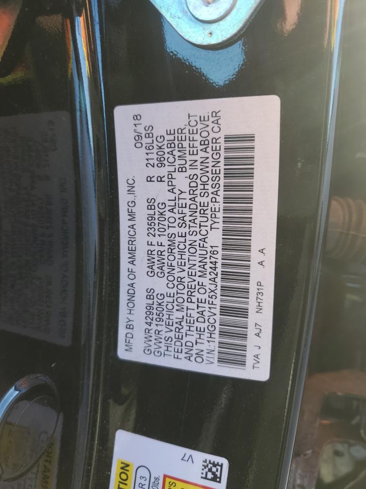 2018 Honda Accord VIN 1HGCV1F5XJA244761 Copart auction photo, rear end damage thumbnail 12