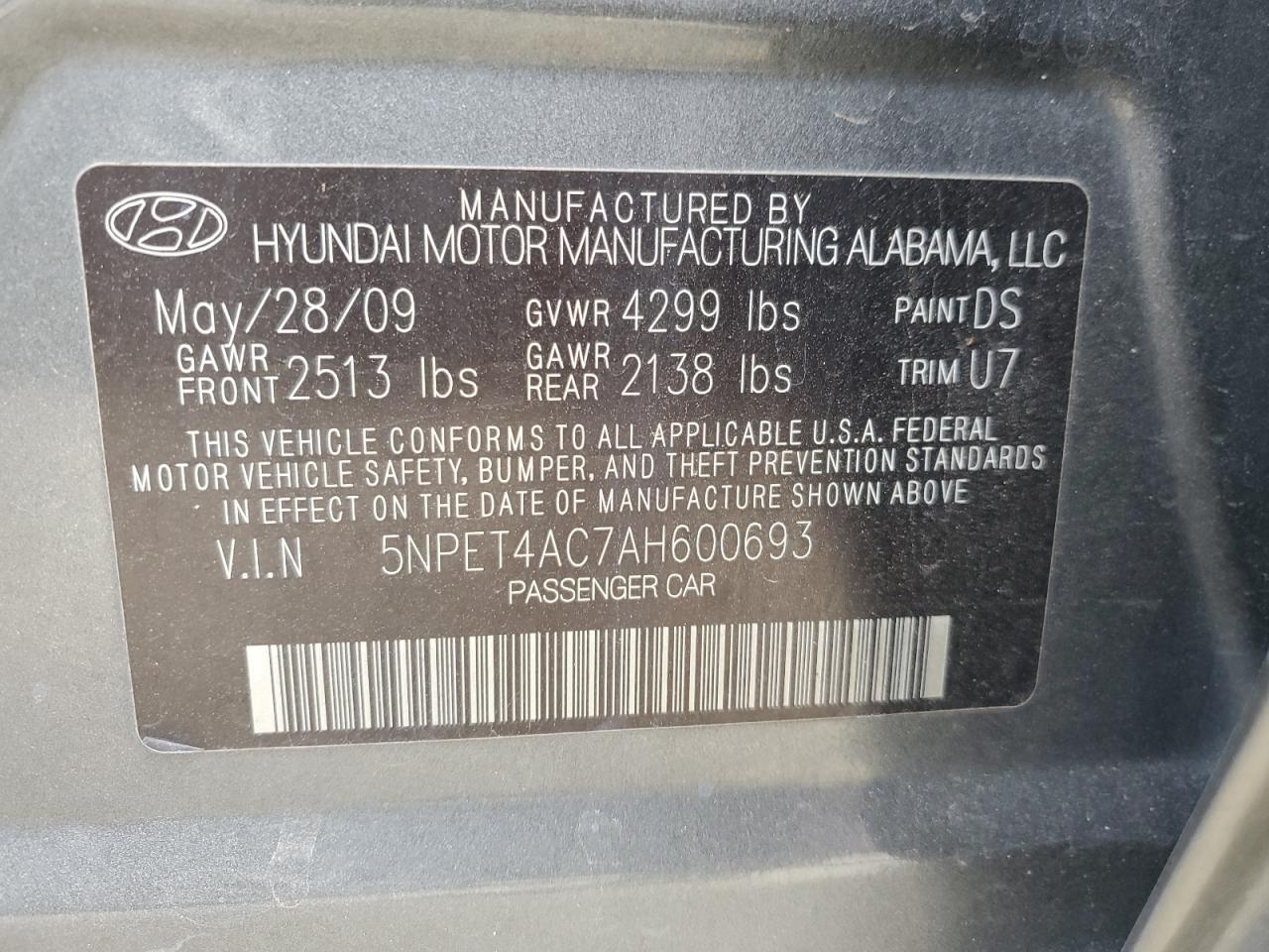 2010 Hyundai Sonata VIN 5NPET4AC7AH600693 Copart auction photo, rear end damage thumbnail 13