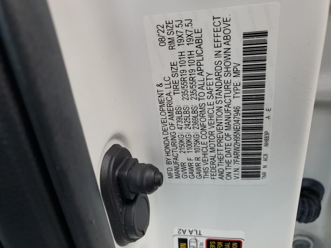 2022 Honda CR-V VIN 7FARW2H95NE047946 Copart auction photo, water/flood damage thumbnail 14