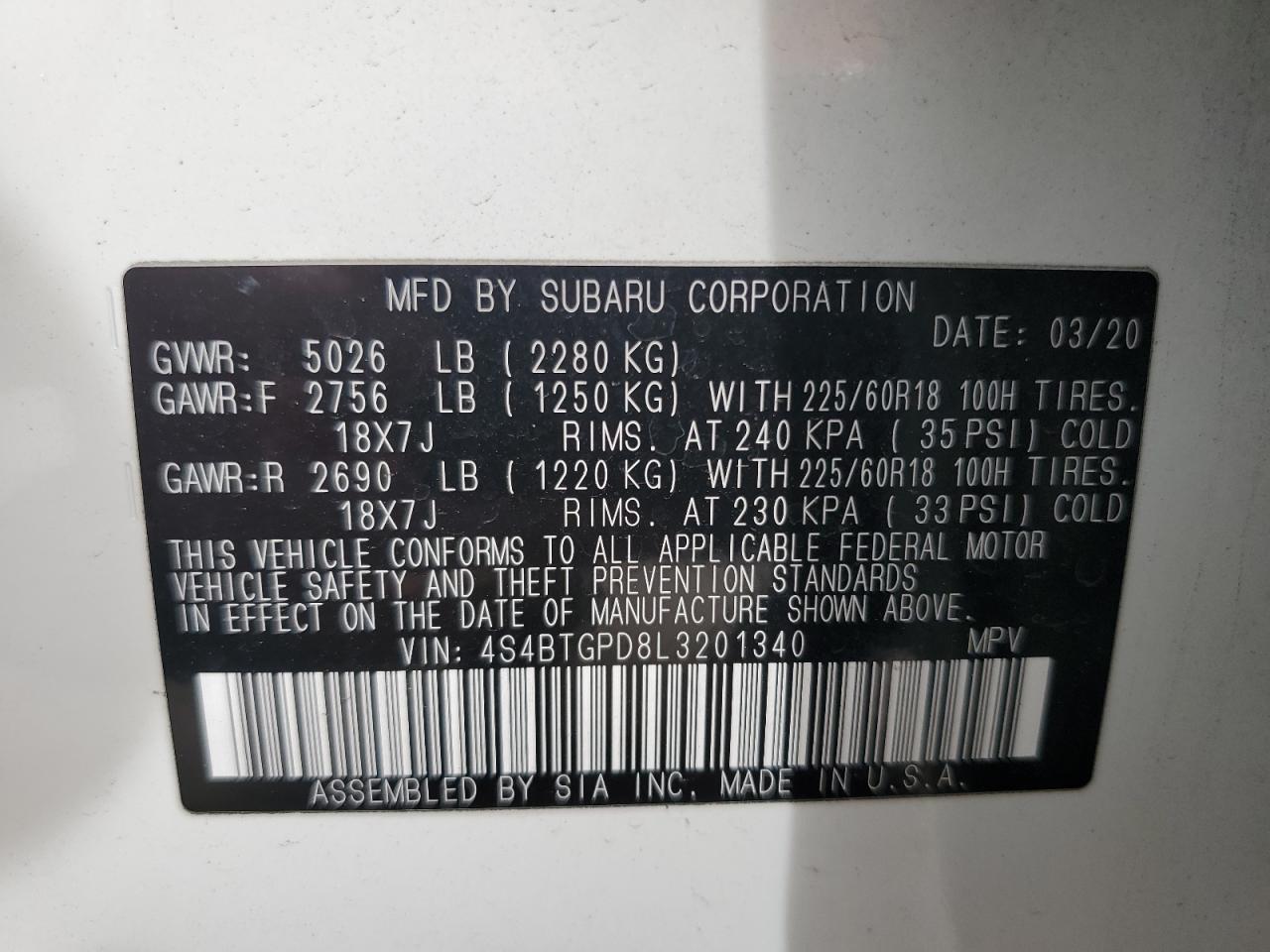 2020 Subaru Outback VIN 4S4BTGPD8L3201340 Copart auction photo, side / front end damage thumbnail 14