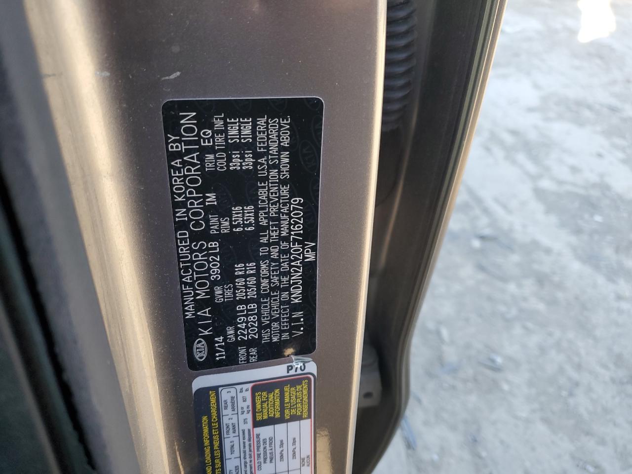 2015 KIA Soul VIN KNDJN2A20F7162079 Copart auction photo, front end damage thumbnail 13