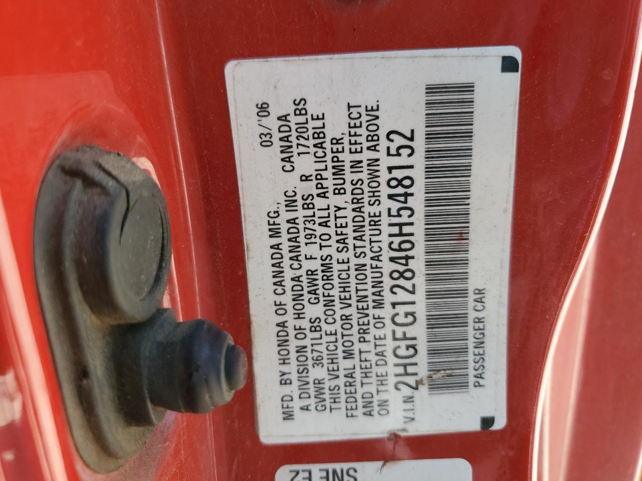 2006 Honda Civic VIN 2HGFG12846H548152 Copart auction photo, all over damage thumbnail 13