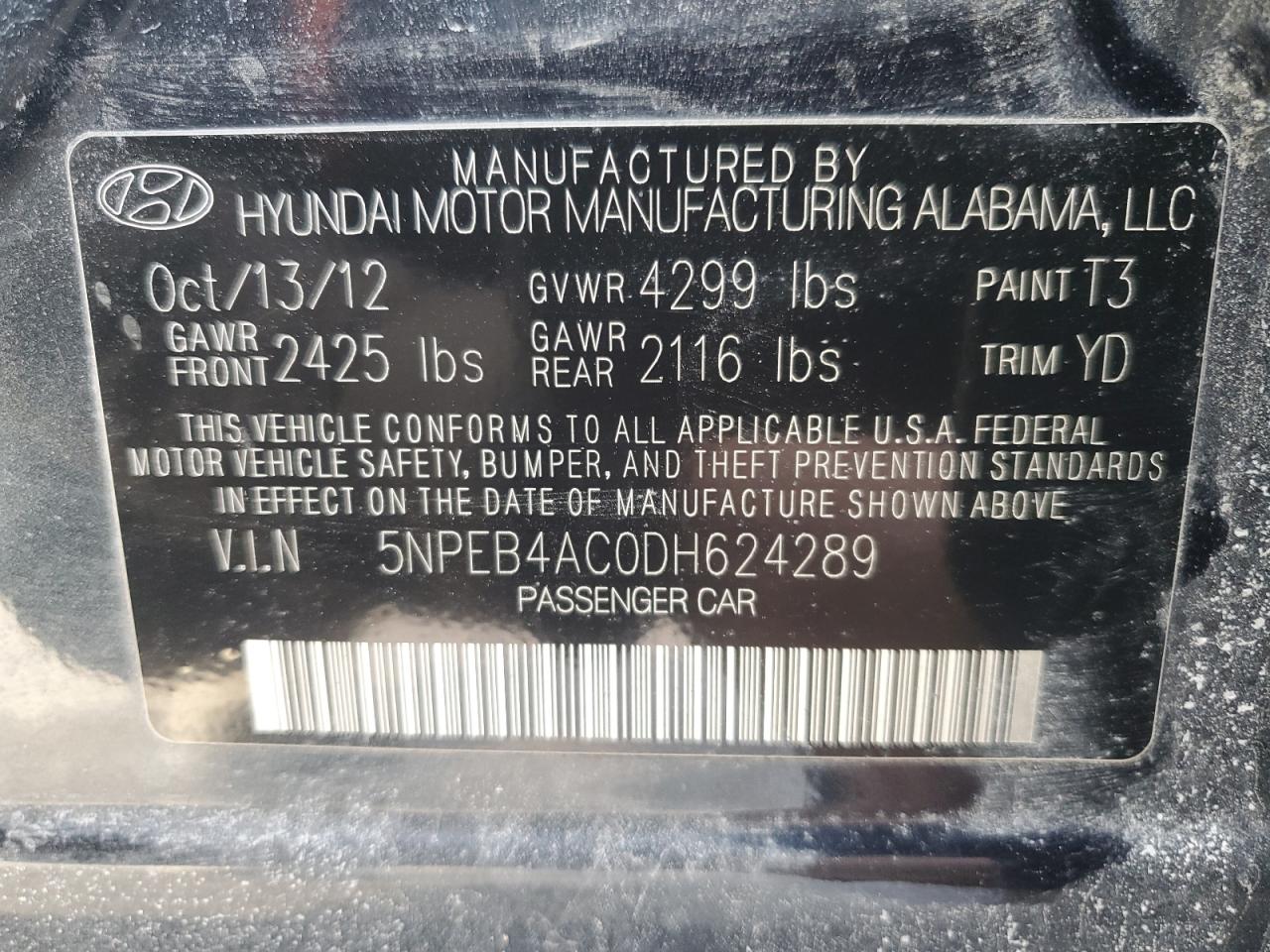 2013 Hyundai Sonata VIN 5NPEB4AC0DH624289 Copart auction photo, front end / side damage thumbnail 14