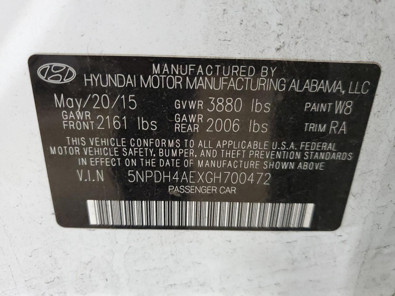 2016 Hyundai Elantra VIN 5NPDH4AEXGH700472 Copart auction photo, front end / rear end damage thumbnail 14