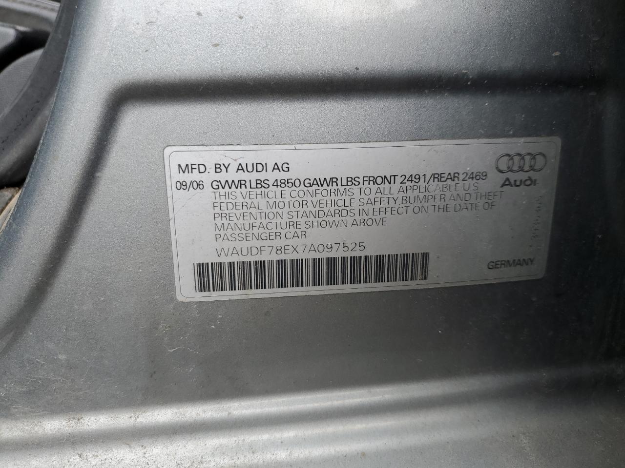 2007 Audi A4 VIN WAUDF78EX7A097525 Copart auction photo, biohazard/chemical damage thumbnail 12