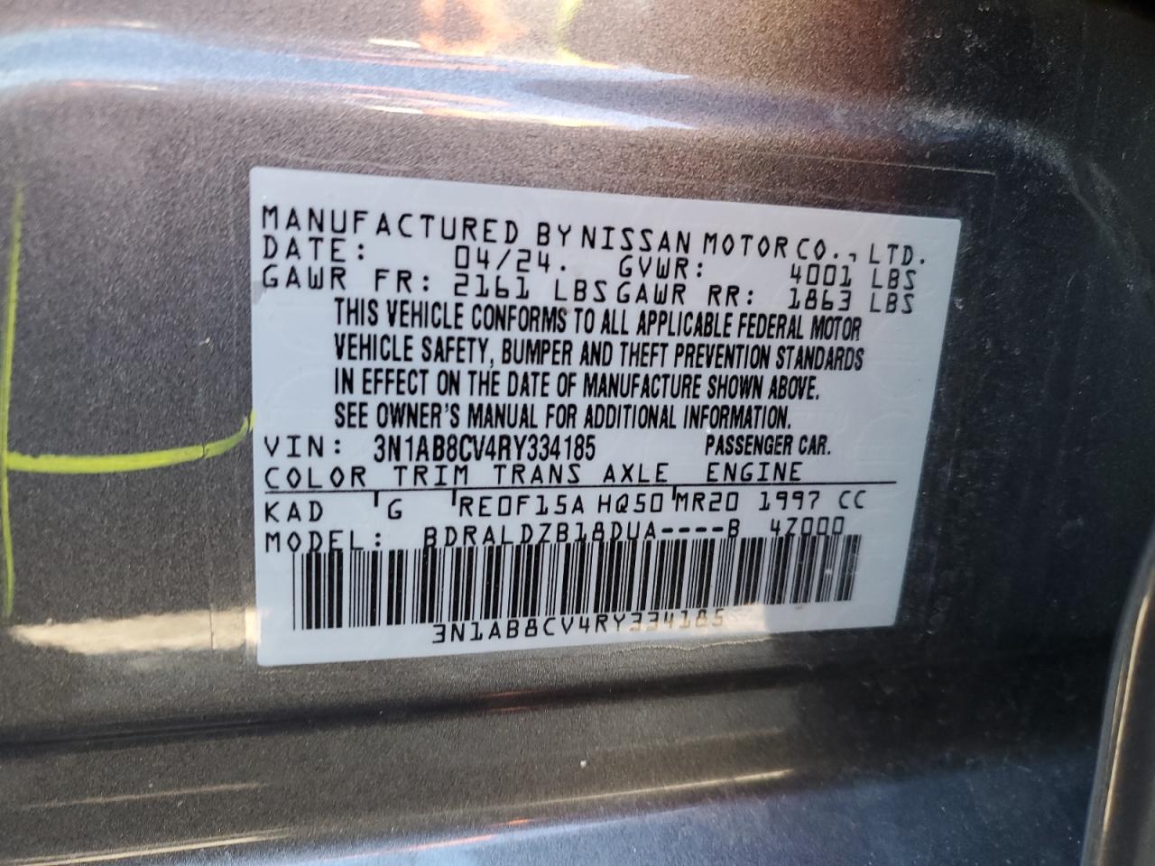 2024 Nissan Sentra VIN 3N1AB8CV4RY334185 Copart auction photo, front end / side damage thumbnail 12