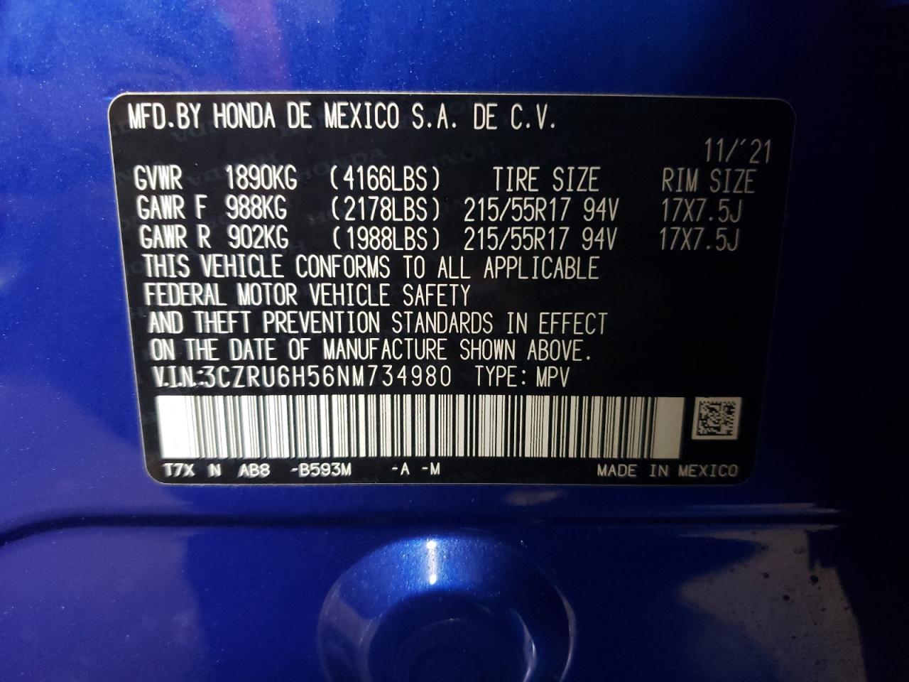 2022 Honda HR-V VIN 3CZRU6H56NM734980 Copart auction photo, side damage thumbnail 12