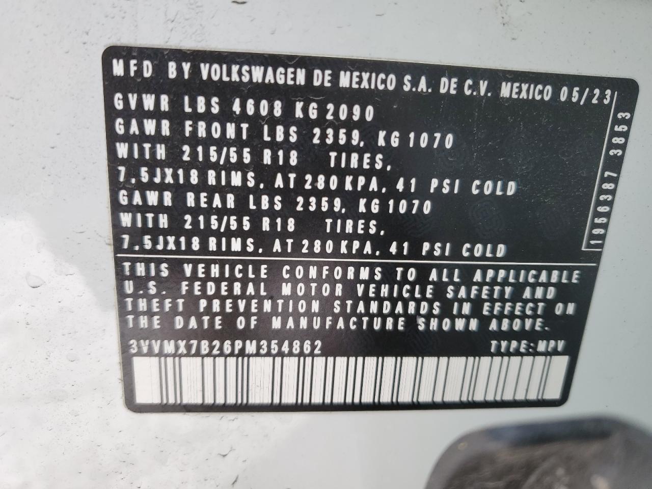 2023 Volkswagen Taos VIN 3VVMX7B26PM354862 Copart auction photo, rear end damage thumbnail 13