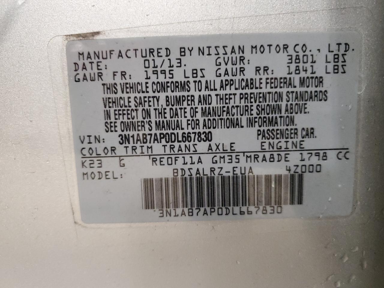 2013 Nissan Sentra VIN 3N1AB7AP0DL667830 Copart auction photo, front end damage thumbnail 12