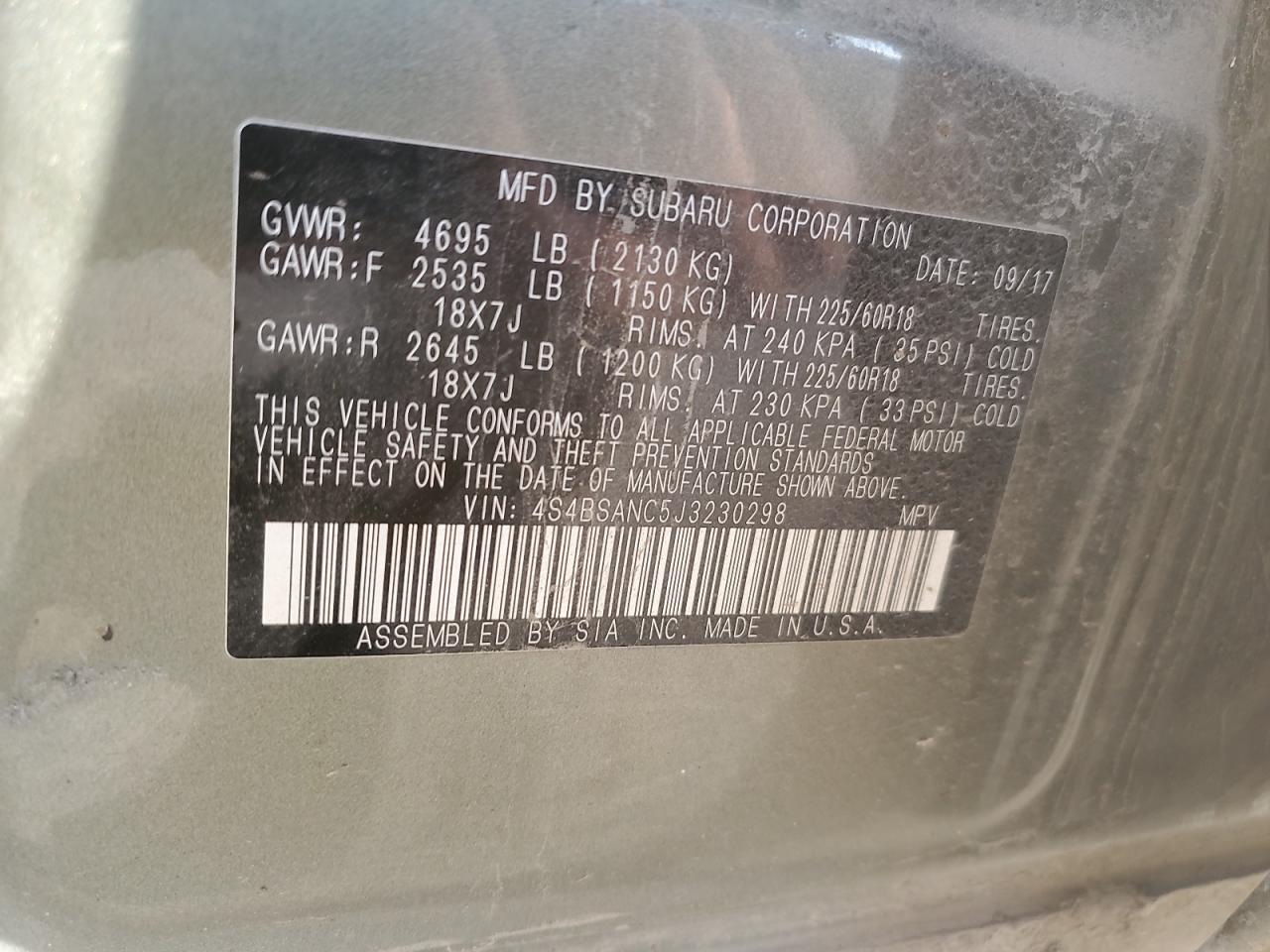 2018 Subaru Outback VIN 4S4BSANC5J3230298 Copart auction photo, all over damage thumbnail 12
