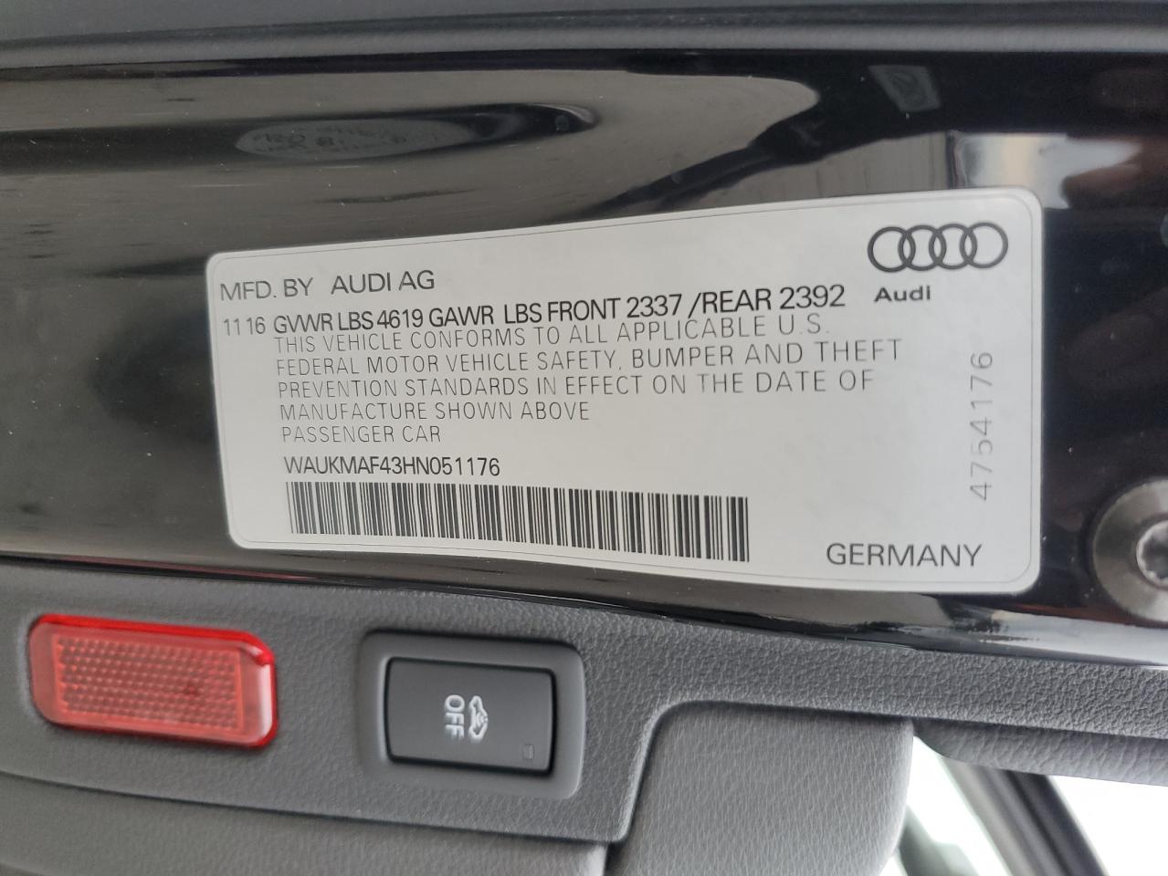 2017 Audi A4 VIN WAUKMAF43HN051176 Copart auction photo, rear end / front end damage thumbnail 12
