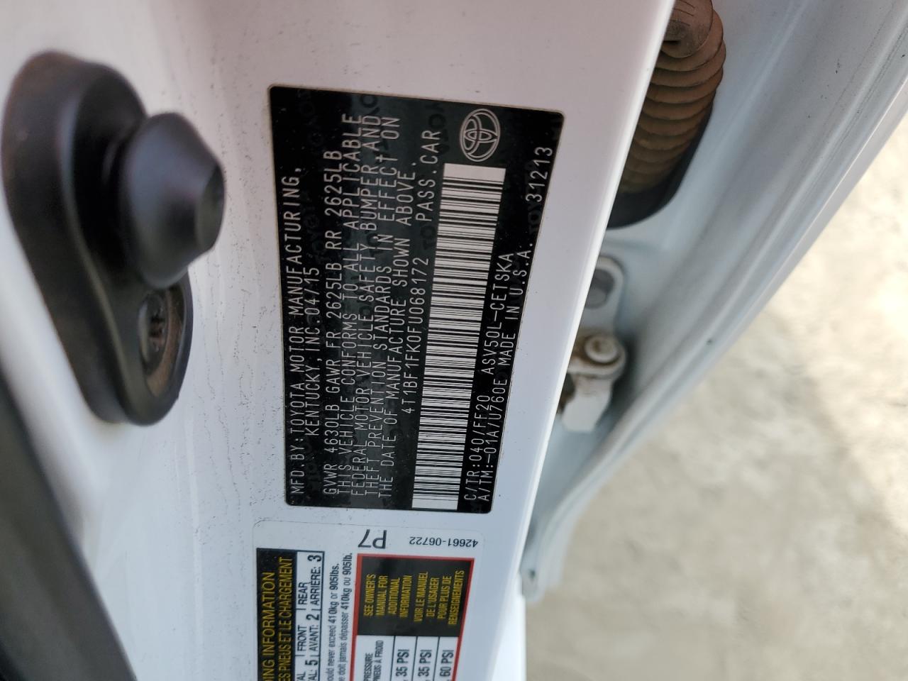 2015 Toyota Camry VIN 4T1BF1FK0FU068172 Copart auction photo, front end damage thumbnail 14
