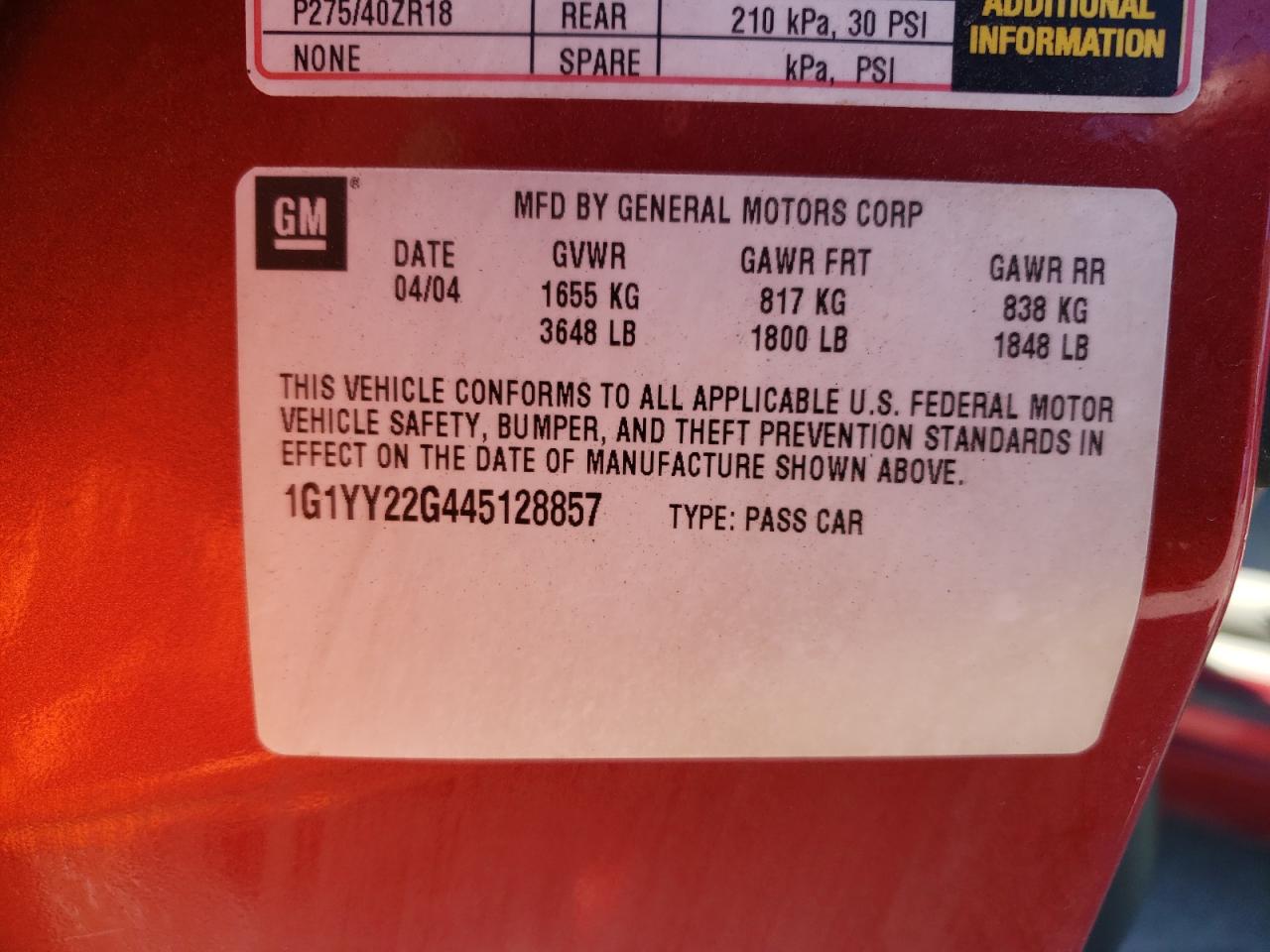 2004 Chevrolet Corvette VIN 1G1YY22G445128857 Copart auction photo, front end / side damage thumbnail 12