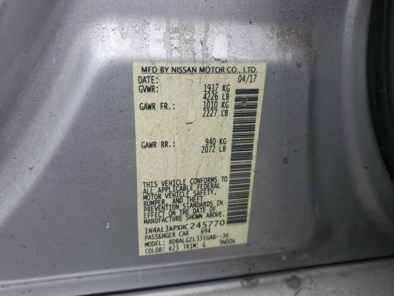 2017 Nissan Altima VIN 1N4AL3APXHC245770 Copart auction photo, front end / rear end damage thumbnail 14