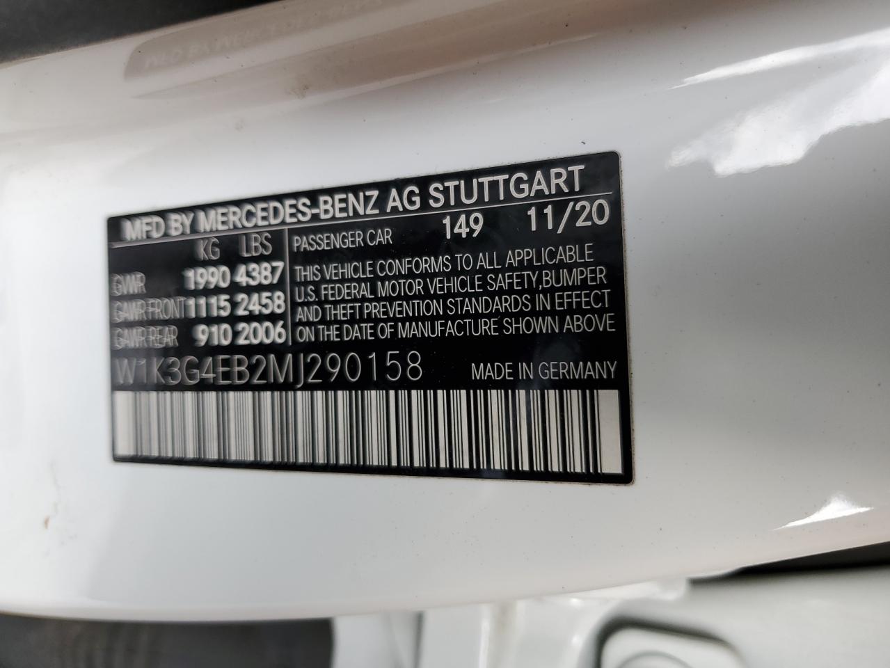 2021 Mercedes-Benz A-klasse VIN W1K3G4EB2MJ290158 Copart auction photo, front end damage thumbnail 12