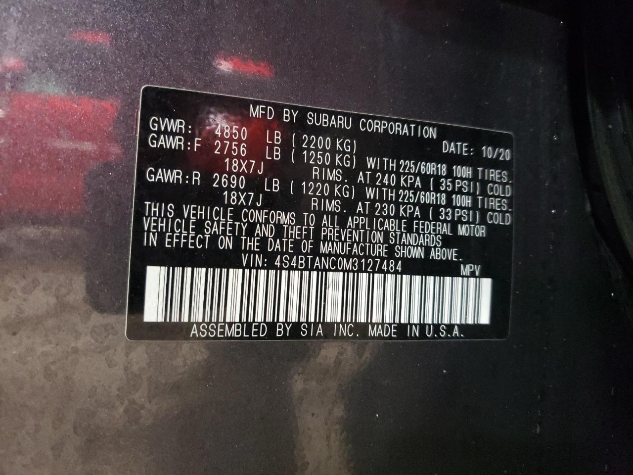 2021 Subaru Outback VIN 4S4BTANC0M3127484 Copart auction photo, front end / rear end damage thumbnail 13