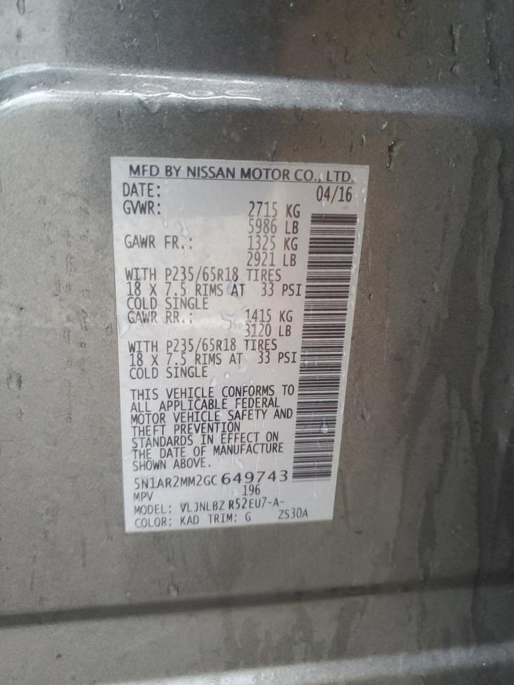 2016 Nissan Pathfinder VIN 5N1AR2MM2GC649743 Copart auction photo, all over damage thumbnail 15