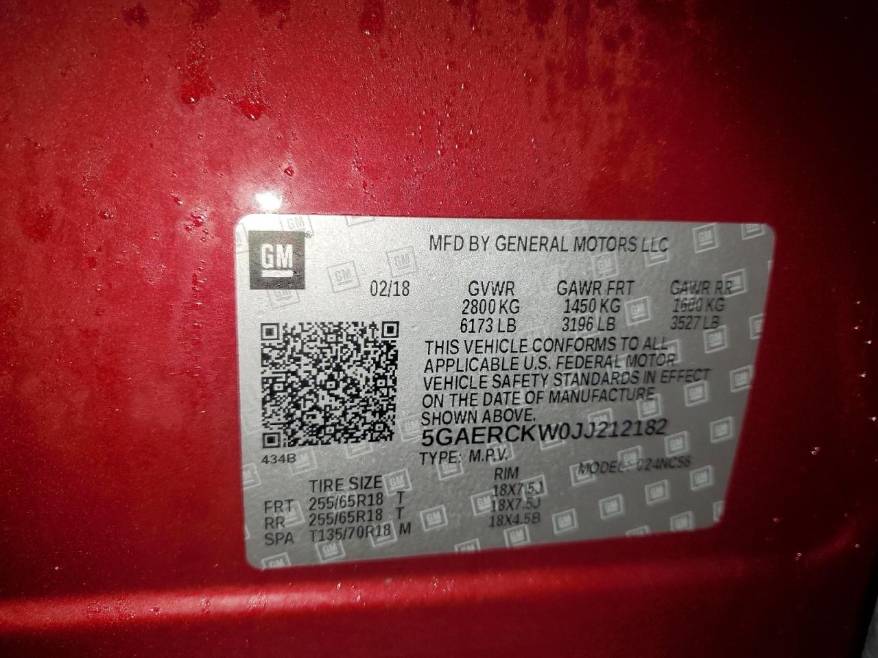 2018 Buick Enclave VIN 5GAERCKW0JJ212182 Copart auction photo, front end damage thumbnail 13