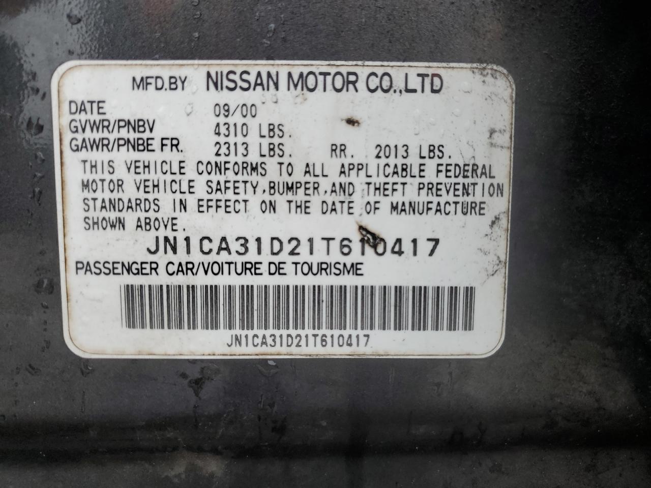 2001 Nissan Maxima VIN JN1CA31D21T610417 Copart auction photo, all over damage thumbnail 13