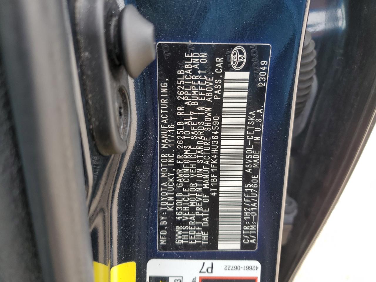 2017 Toyota Camry VIN 4T1BF1FK4HU364590 Copart auction photo, front end damage thumbnail 15