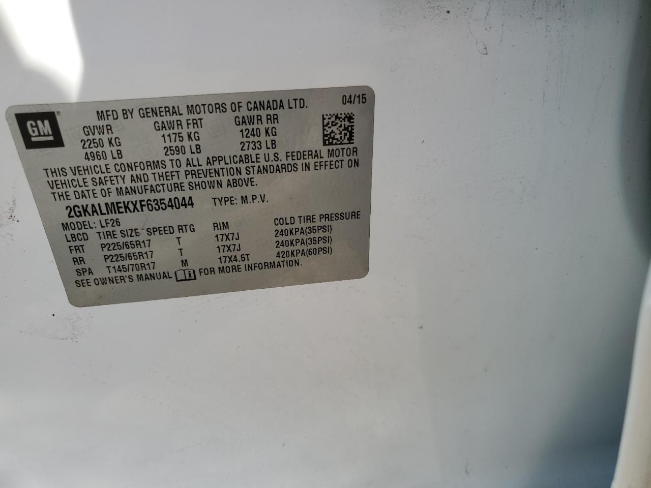 2015 GMC Terrain VIN 2GKALMEKXF6354044 Copart auction photo, front end damage thumbnail 14
