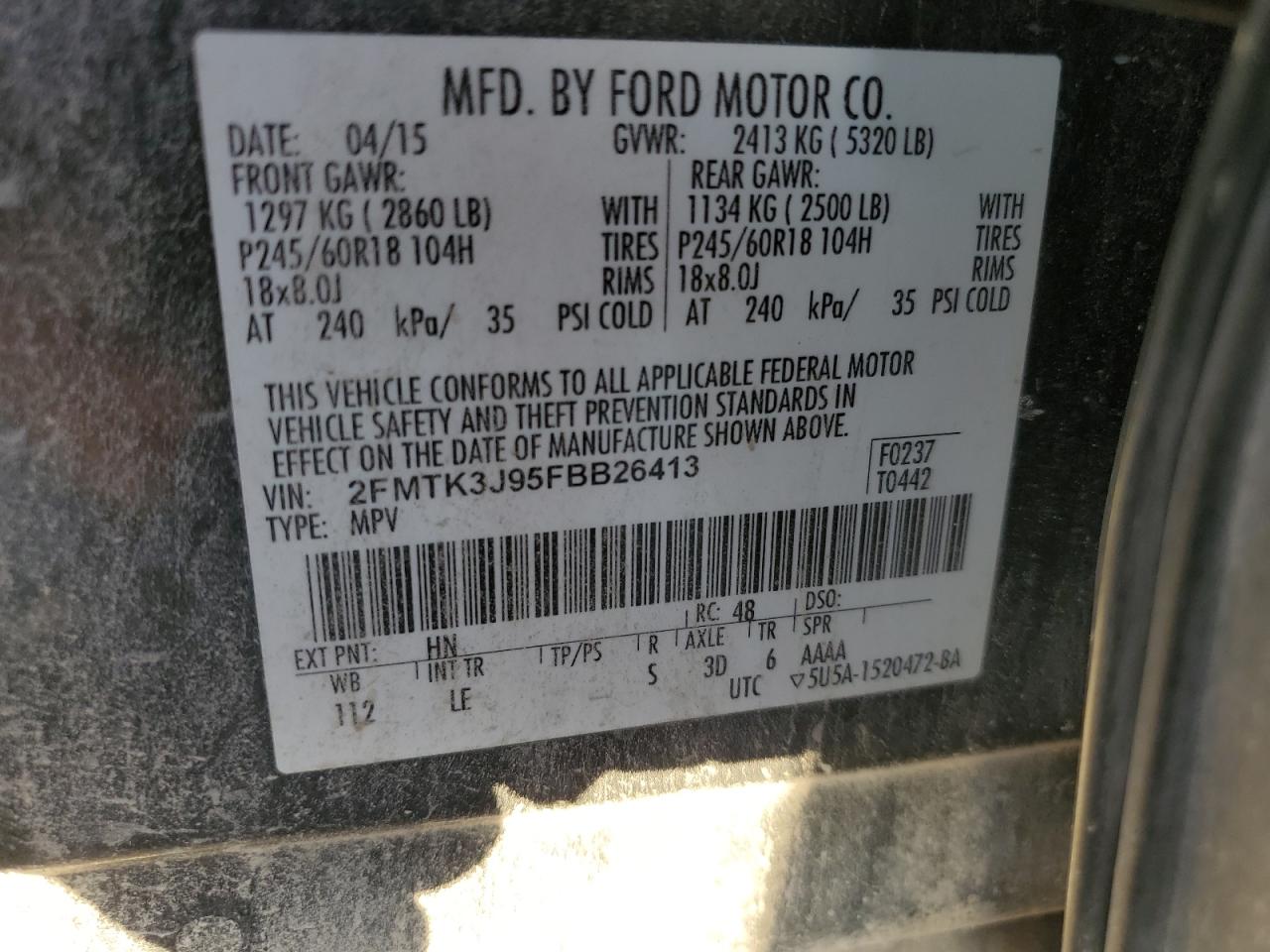 2015 Ford Edge VIN 2FMTK3J95FBB26413 Copart auction photo, rear end / minor dent/scratches damage thumbnail 14