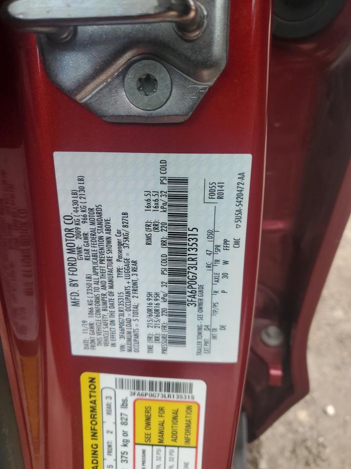 2020 Ford Fusion VIN 3FA6P0G73LR135315 Copart auction photo, front end / minor dent/scratches damage thumbnail 14