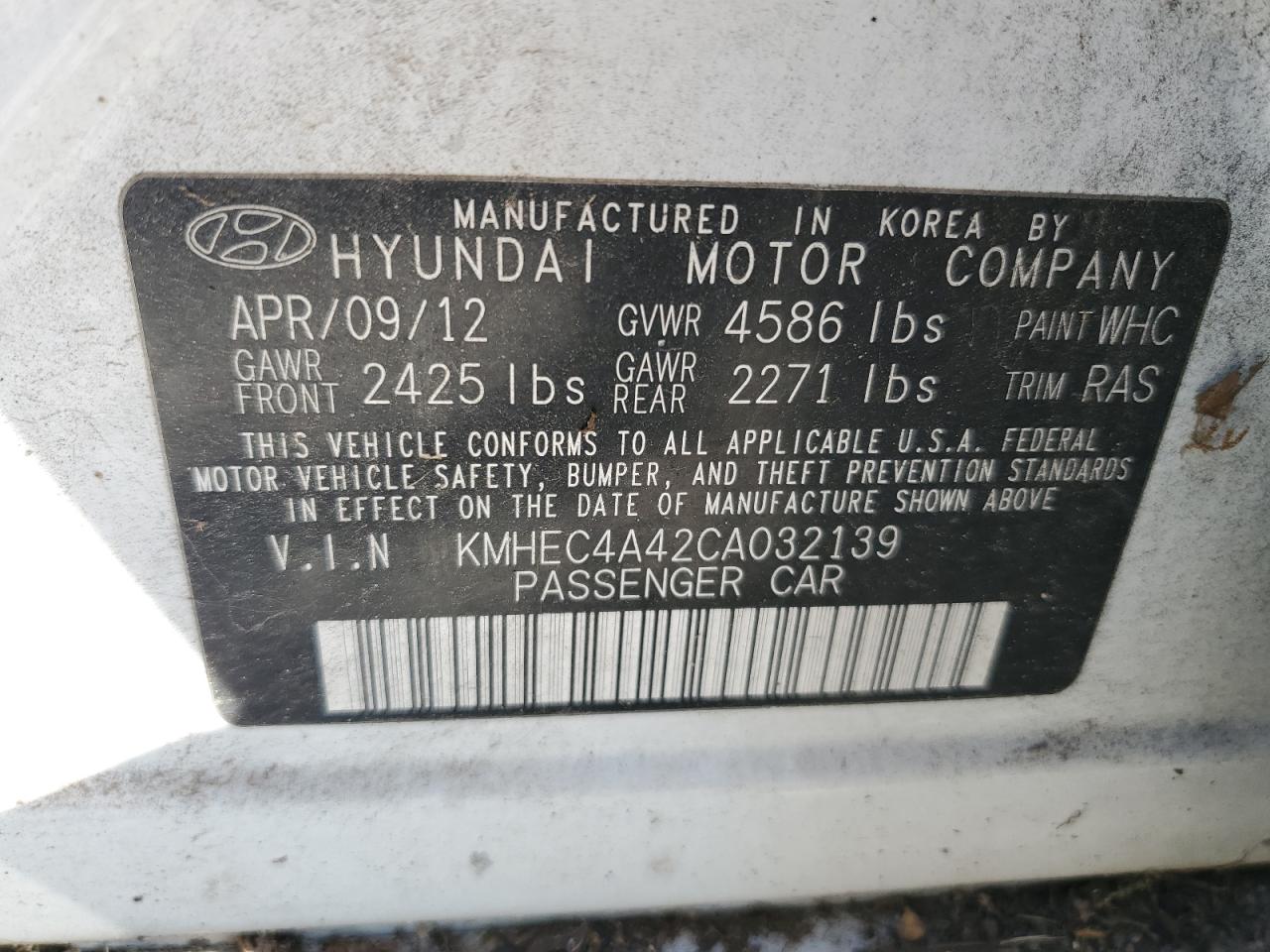2012 Hyundai Sonata VIN KMHEC4A42CA032139 Copart auction photo, minor dent/scratches damage thumbnail 12