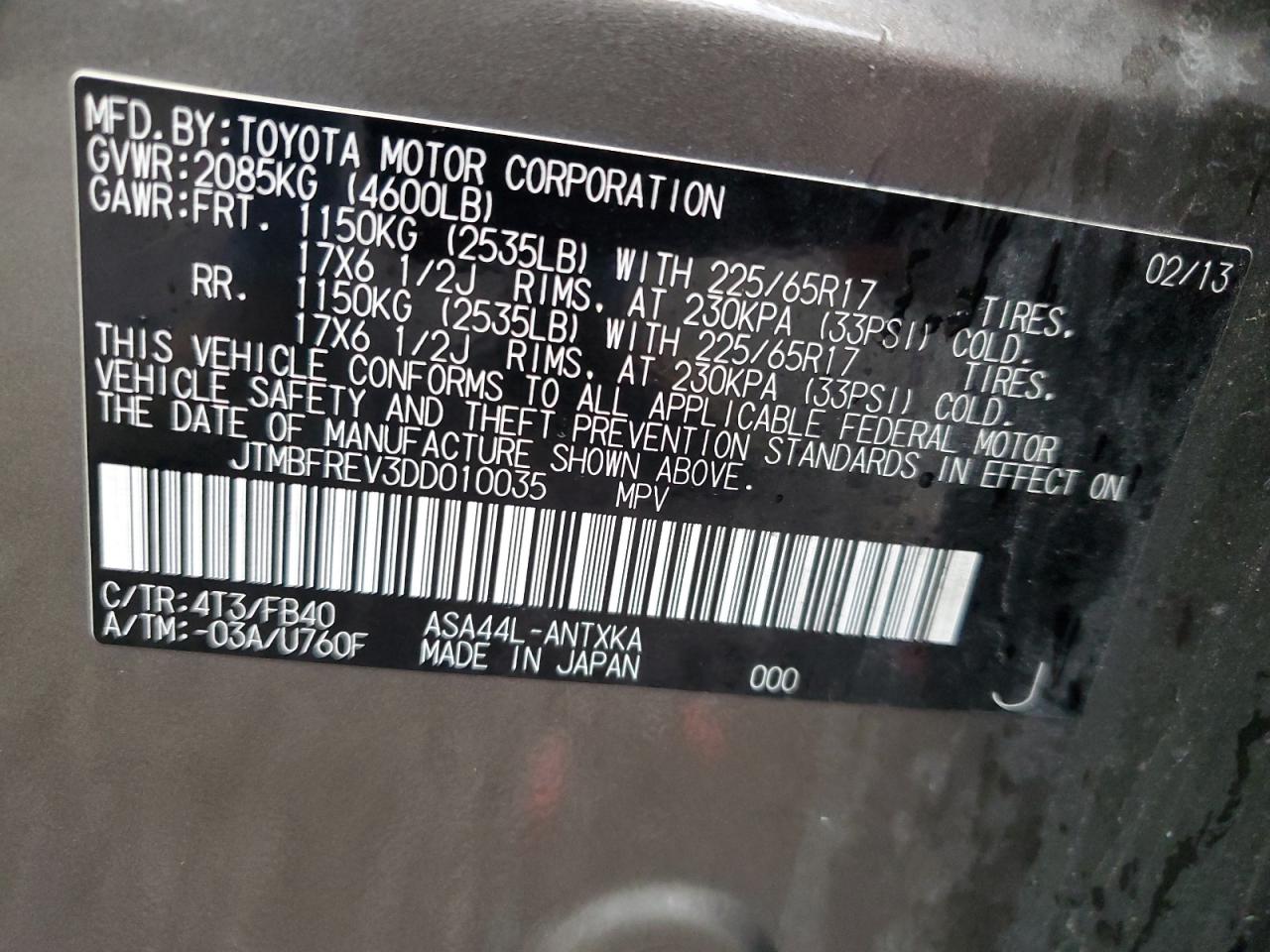 2013 Toyota RAV 4 VIN JTMBFREV3DD010035 Copart auction photo, mechanical damage thumbnail 13