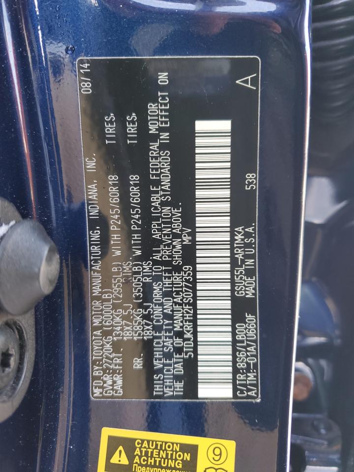 2015 Toyota Highlander VIN 5TDJKRFH2FS077359 Copart auction photo, front end / minor dent/scratches damage thumbnail 13