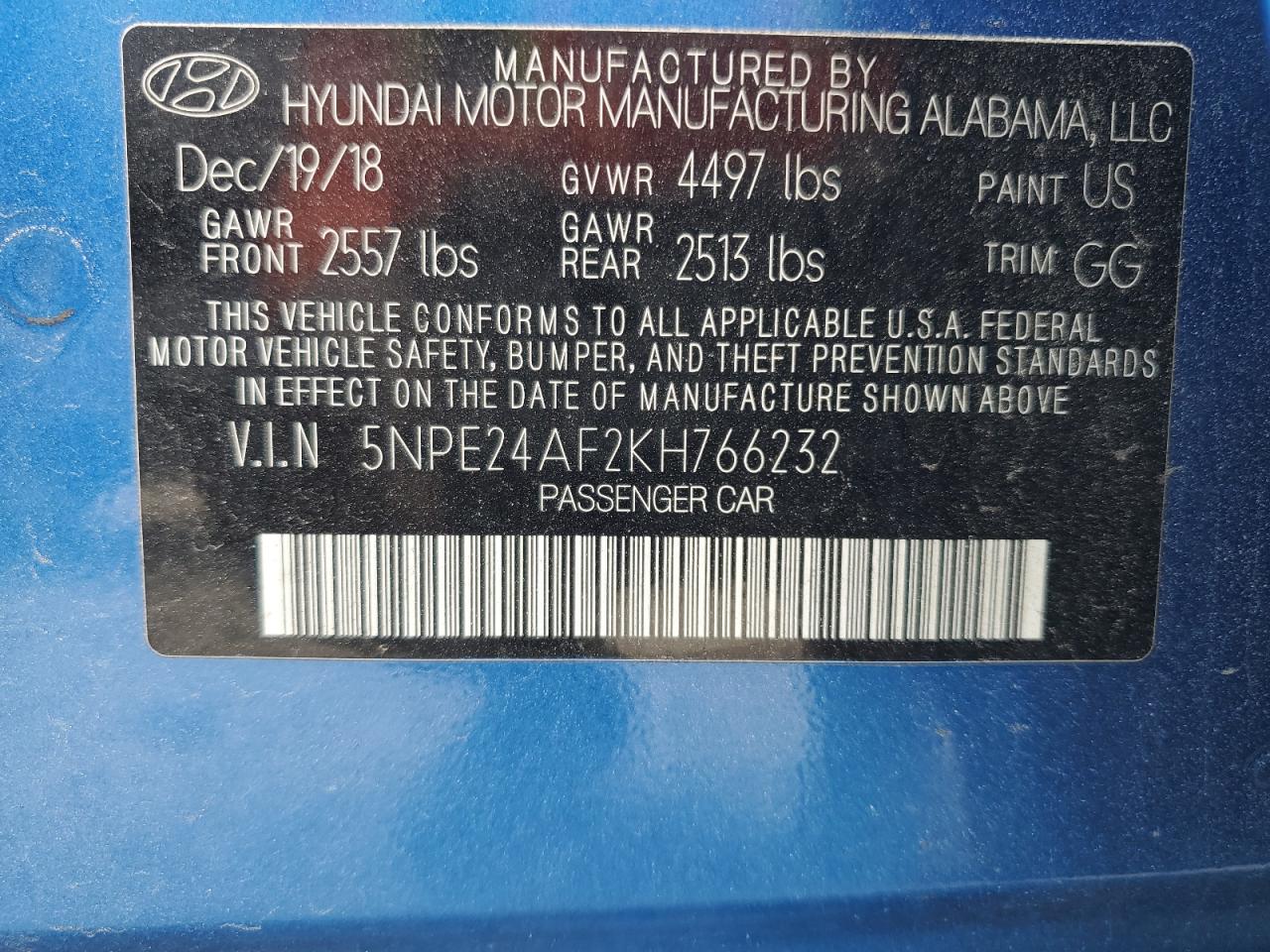 2019 Hyundai Sonata VIN 5NPE24AF2KH766232 Copart auction photo, rear end damage thumbnail 12