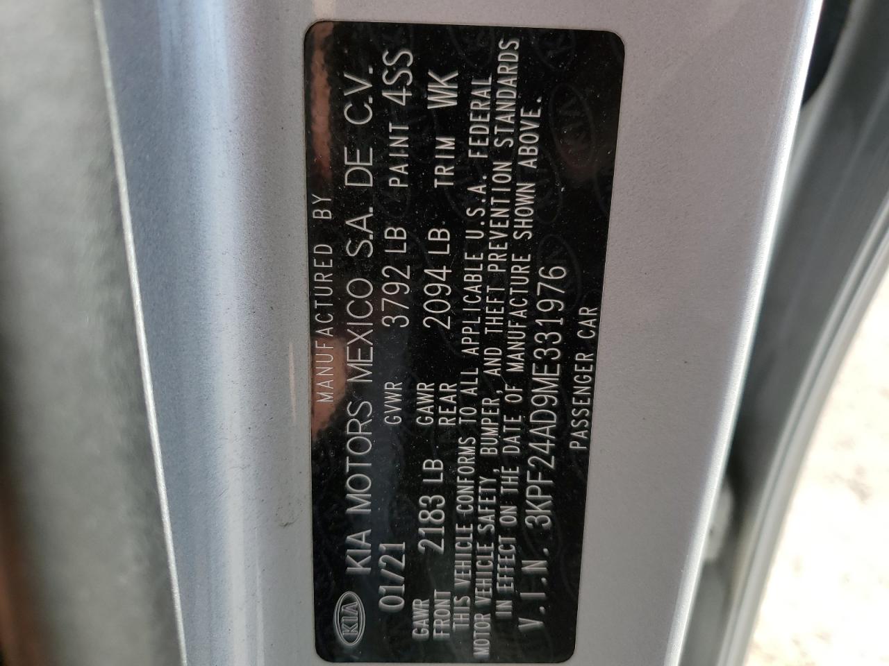 2021 KIA Forte VIN 3KPF24AD9ME331976 Copart auction photo, hail / front end damage thumbnail 14