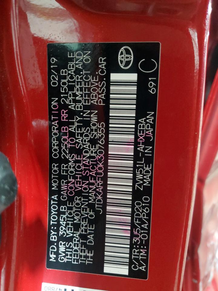 2019 Toyota Prius VIN JTDKARFU0K3076355 Copart auction photo, side damage thumbnail 14