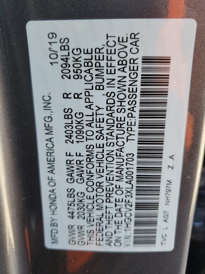 2020 Honda Accord VIN 1HGCV2F3XLA001703 Copart auction photo, side damage thumbnail 12