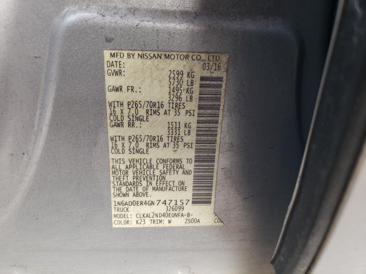 2016 Nissan Navara (Frontier) VIN 1N6AD0ER4GN747157 Copart auction photo, side / undercarriage damage thumbnail 12