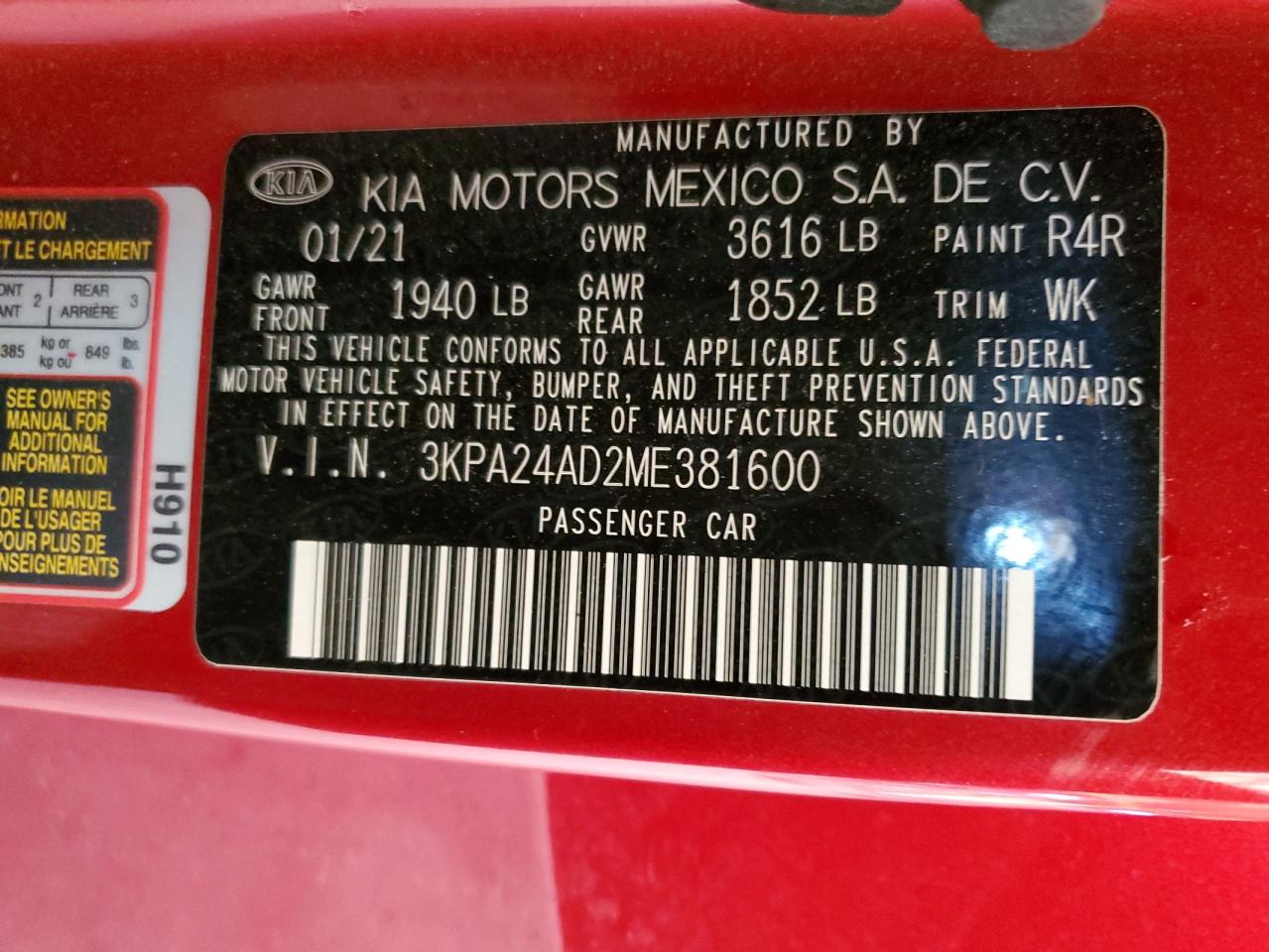 2021 KIA Rio VIN 3KPA24AD2ME381600 Copart auction photo, rollover damage thumbnail 14