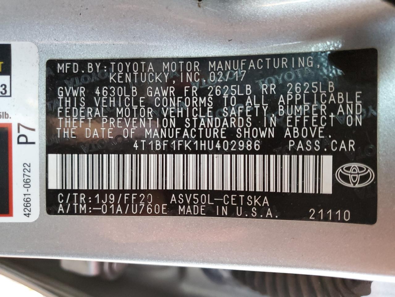 2017 Toyota Camry VIN 4T1BF1FK1HU402986 Copart auction photo, front end damage thumbnail 12