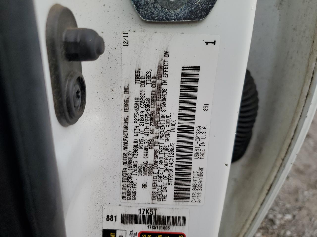 2012 Toyota Tundra VIN 5TFRY5F14CX120022 Copart auction photo, front end damage thumbnail 12