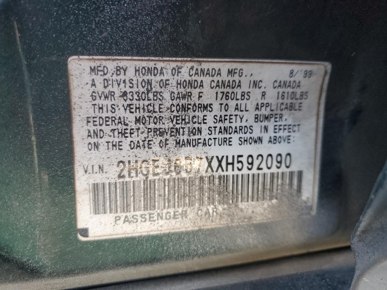 1999 Honda Civic VIN 2HGEJ657XXH592090 Copart auction photo, front end / minor dent/scratches damage thumbnail 13