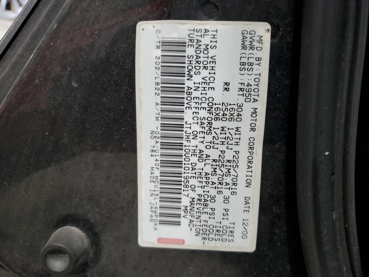 2001 Lexus RX VIN JTJHF10U010195817 Copart auction photo, front end / side damage thumbnail 13