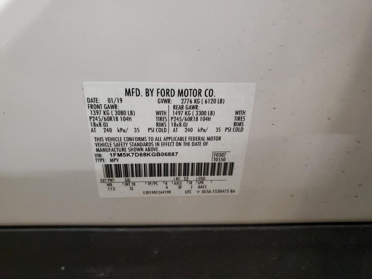 2019 Ford Explorer VIN 1FM5K7D88KGB06887 Copart auction photo, front end damage thumbnail 14
