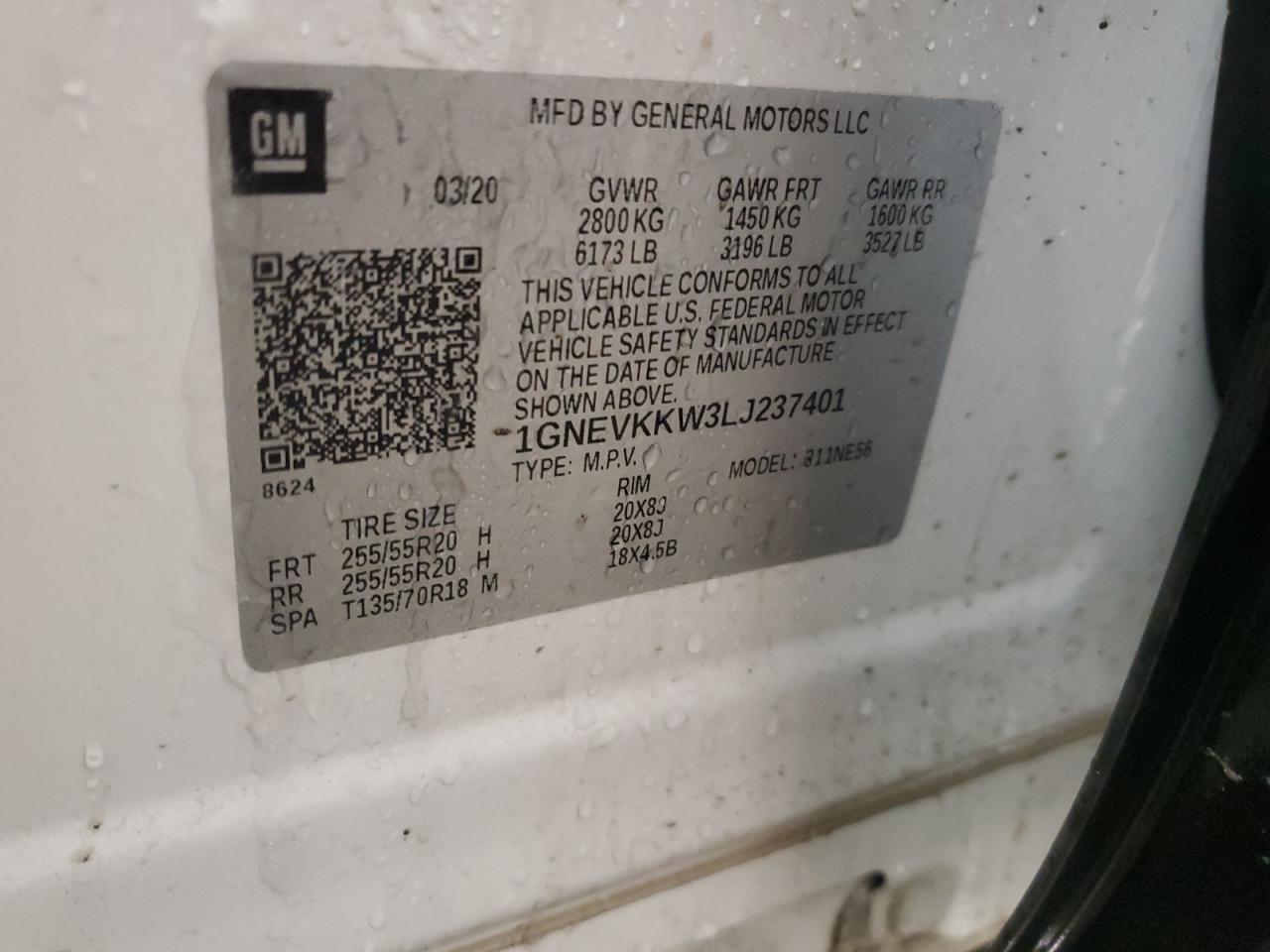 2020 Chevrolet Traverse VIN 1GNEVKKW3LJ237401 Copart auction photo, side / front end damage thumbnail 14