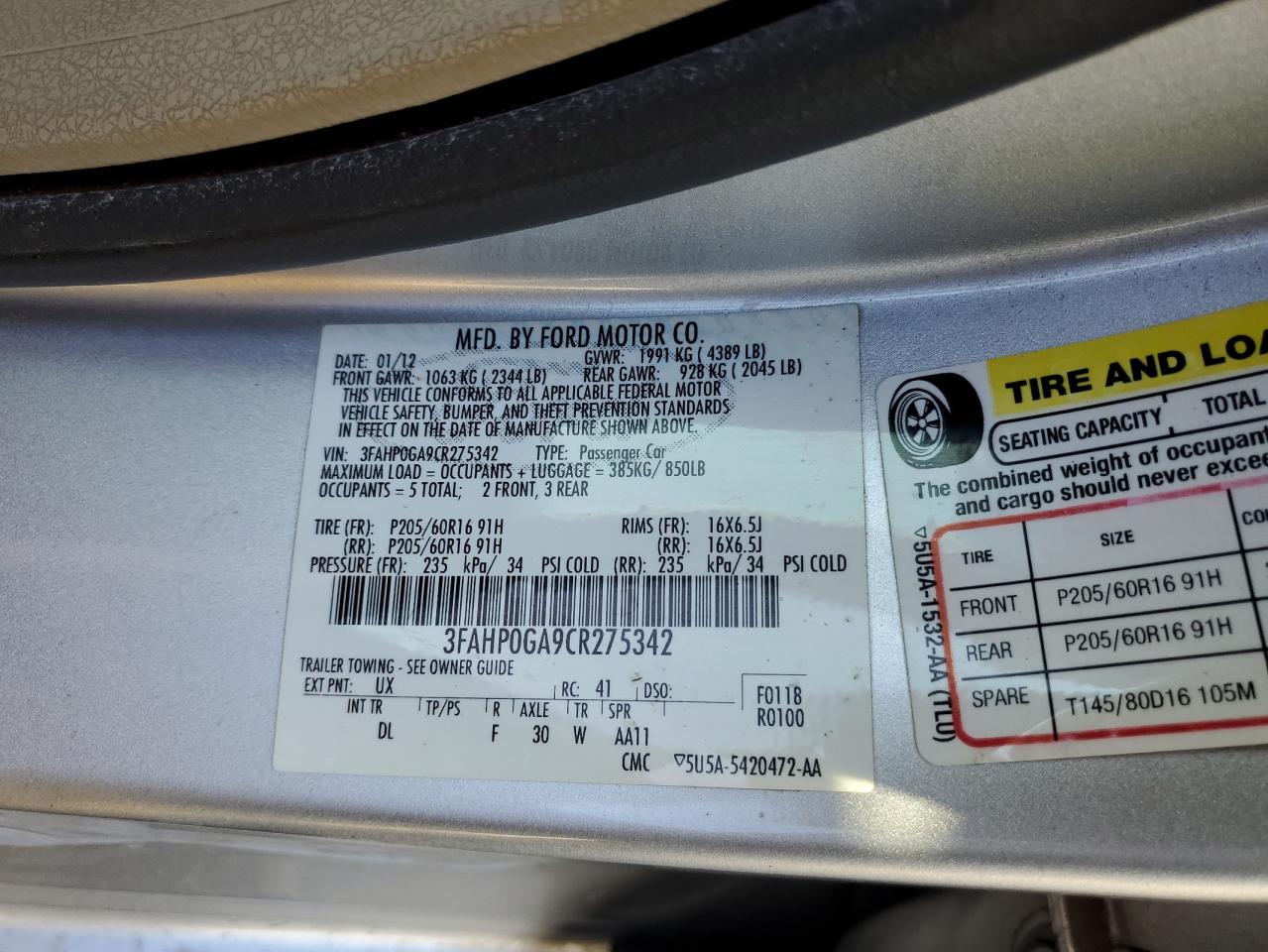 2012 Ford Fusion VIN 3FAHP0GA9CR275342 Copart auction photo, front end damage thumbnail 13