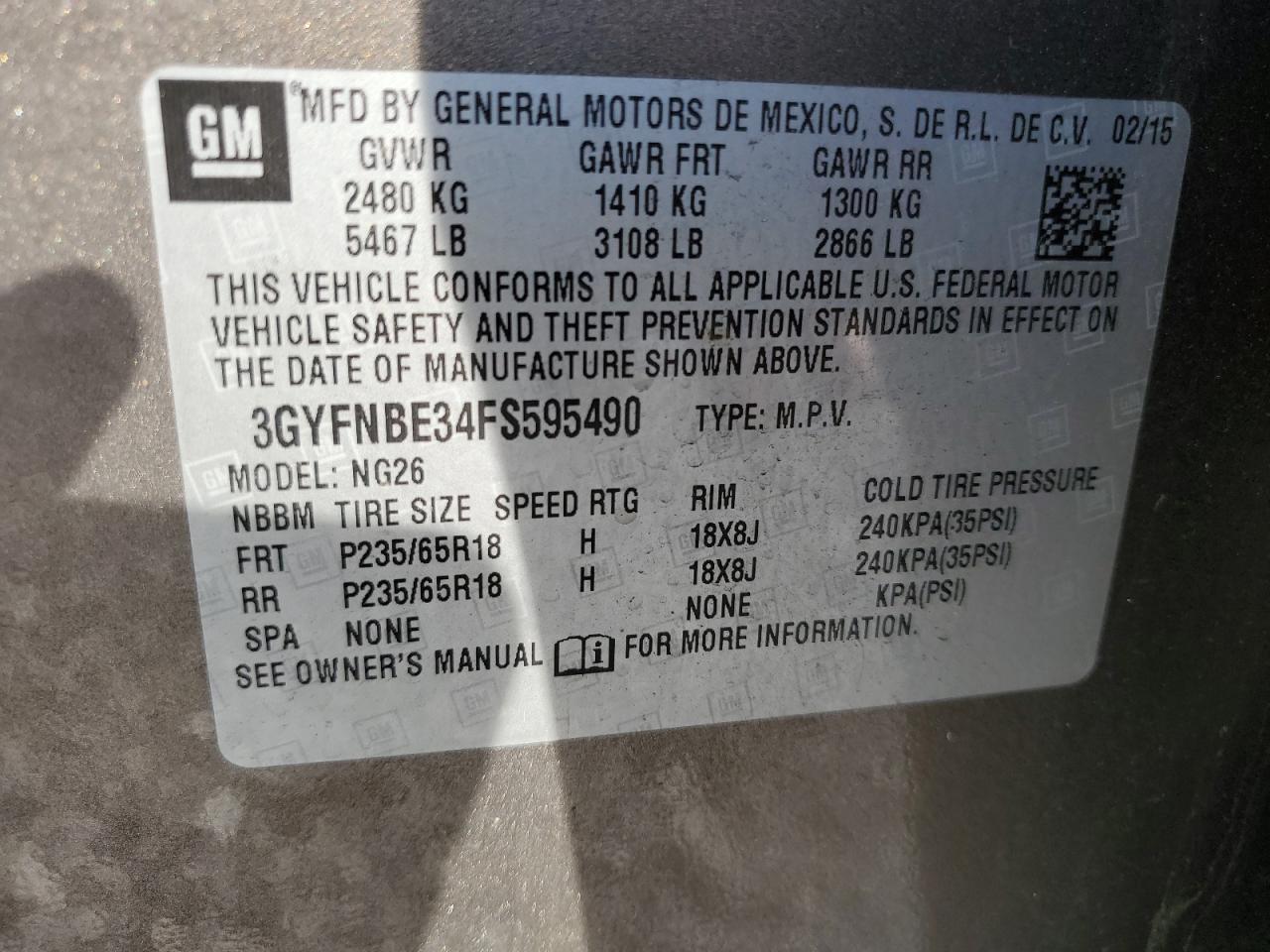 2015 Cadillac SRX VIN 3GYFNBE34FS595490 Copart auction photo, front end damage thumbnail 15