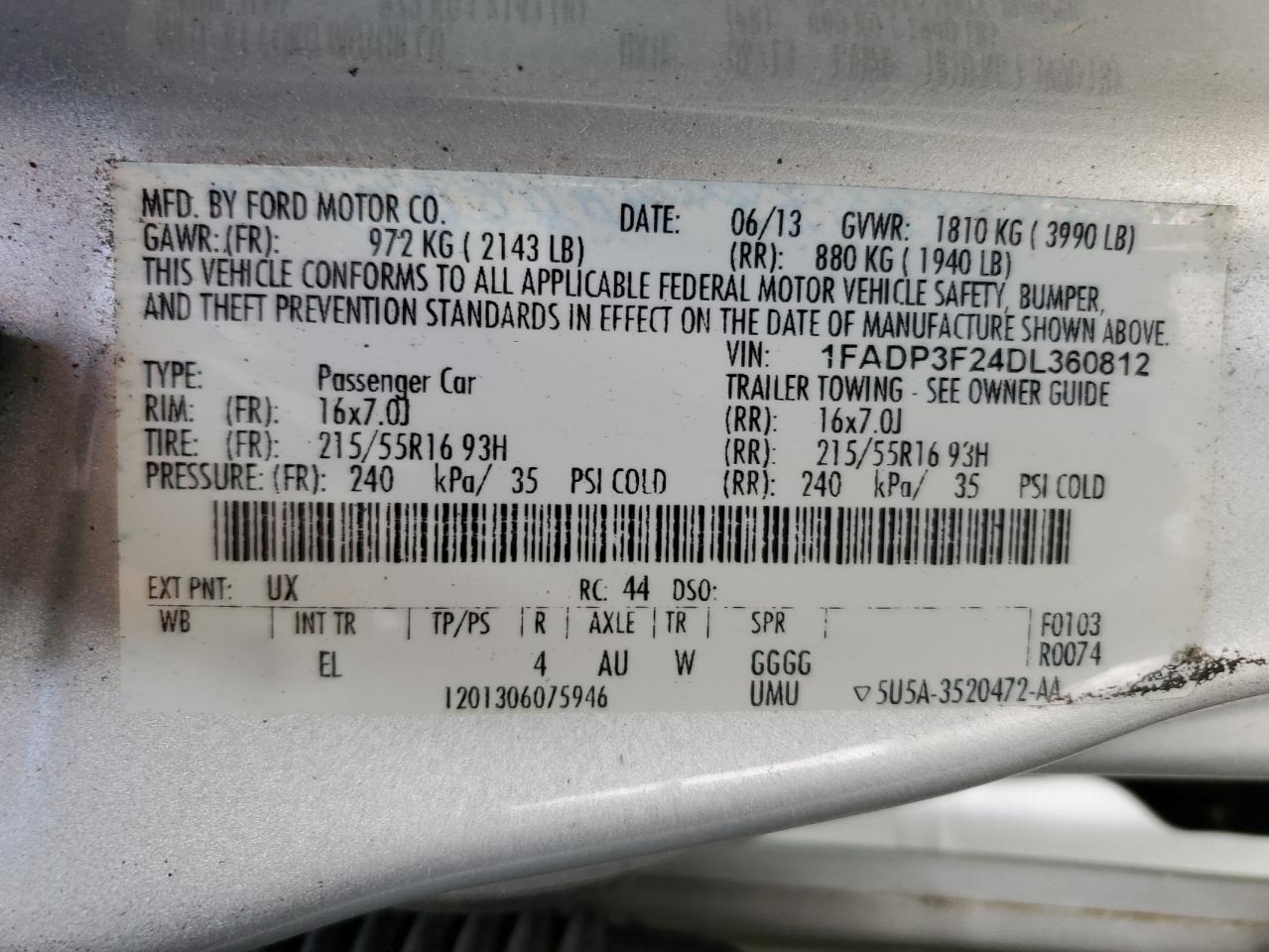 2013 Ford Focus VIN 1FADP3F24DL360812 Copart auction photo, front end damage thumbnail 12