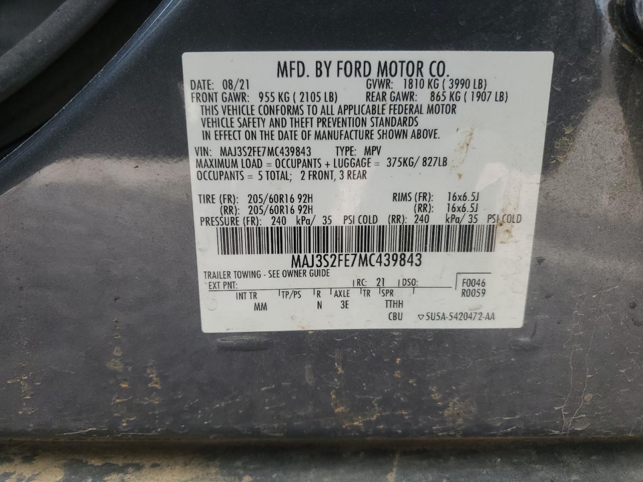 2021 Ford EcoSport VIN MAJ3S2FE7MC439843 Copart auction photo, front end / undercarriage damage thumbnail 14