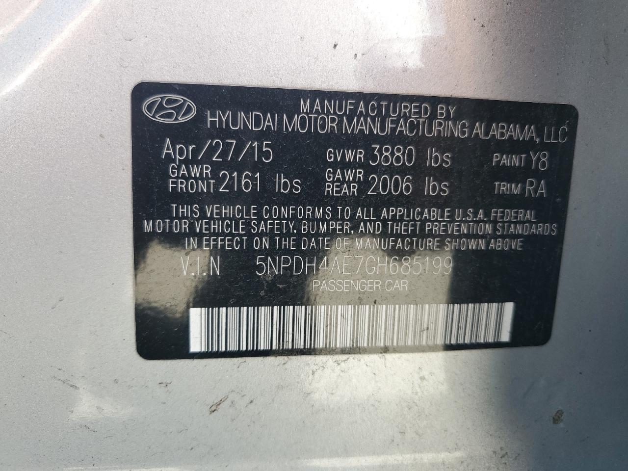 2016 Hyundai Elantra VIN 5NPDH4AE7GH685199 Copart auction photo, all over damage thumbnail 12